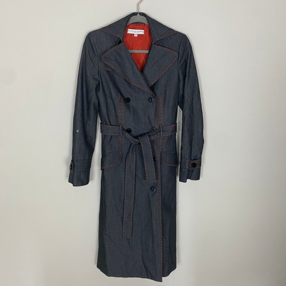 Carolina Herrera New York Trench Coat Women's Size 2 Blue Contrast Stitch Jacket
